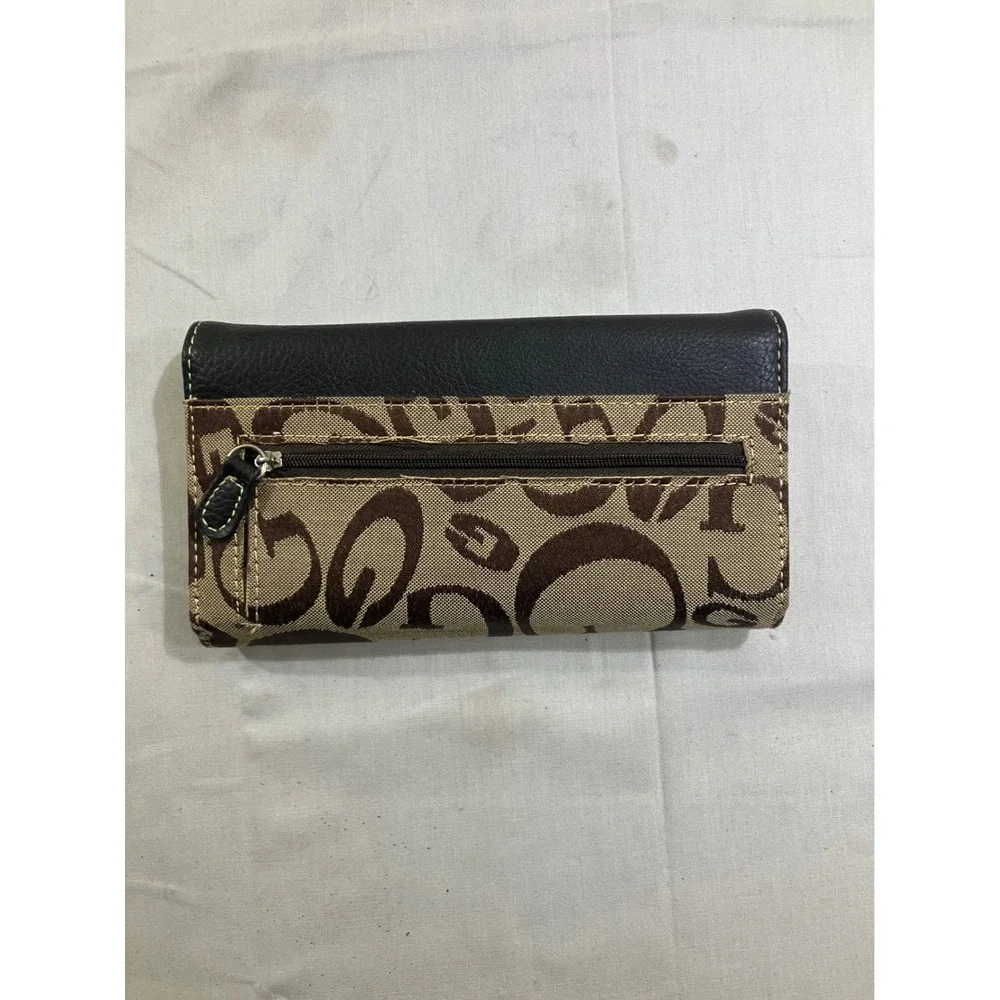 Guess Trifold Wallet Brown Monogram Canvas Snakeskin Gold Trim G‎ Logo Y2K Glam